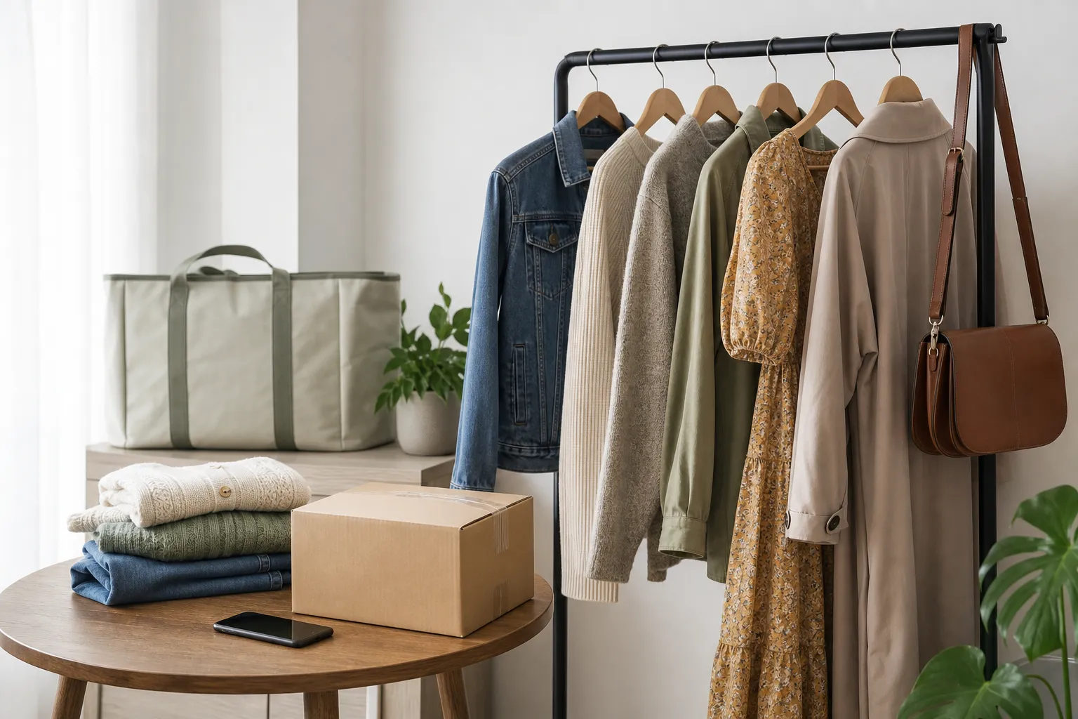 Clothing rack, folded garments, shipping box, and phone prepared for online resale